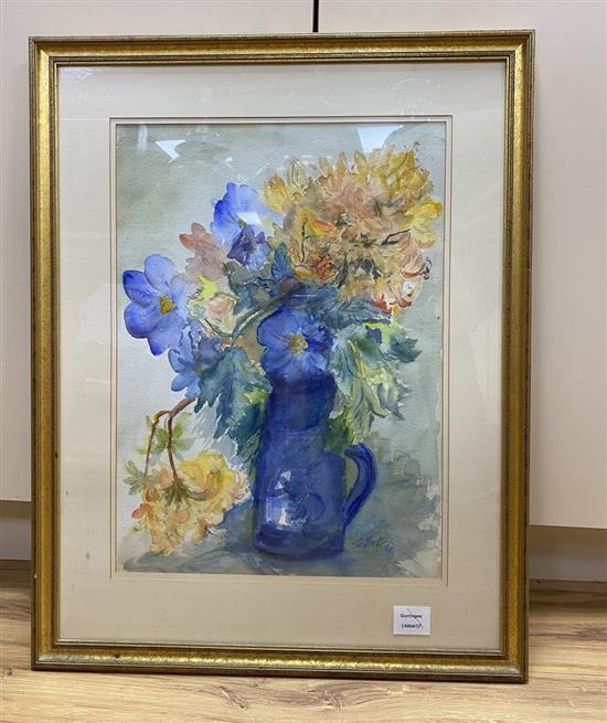 Sheila Cavell Hicks, watercolour, Azalea and the blue blossoms, signed and dated 89, 50 x 37cm